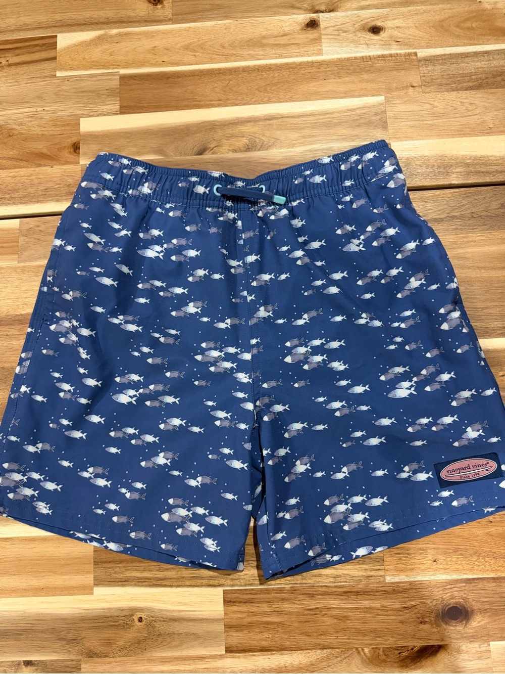 Vineyard Vines Boys Large Navy Swim Shorts with White Fish Print